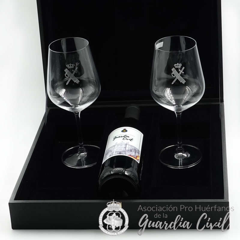 DSC00098 ESTUCHE CON BOTELLA VINO Y DOS COPAS. EN NEGRO CON HAZ DE LICTORES EN DORADO. (35 X 35 X 10 CM) - Imagen 1
