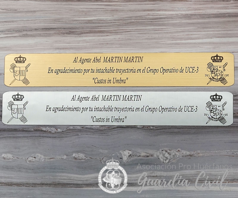 wo4 SIMULACION CHAPA LASER DORADA-PLATEADA CON TEXTO GRABADO MEDIDAS APROX 19X3 - Imagen 1